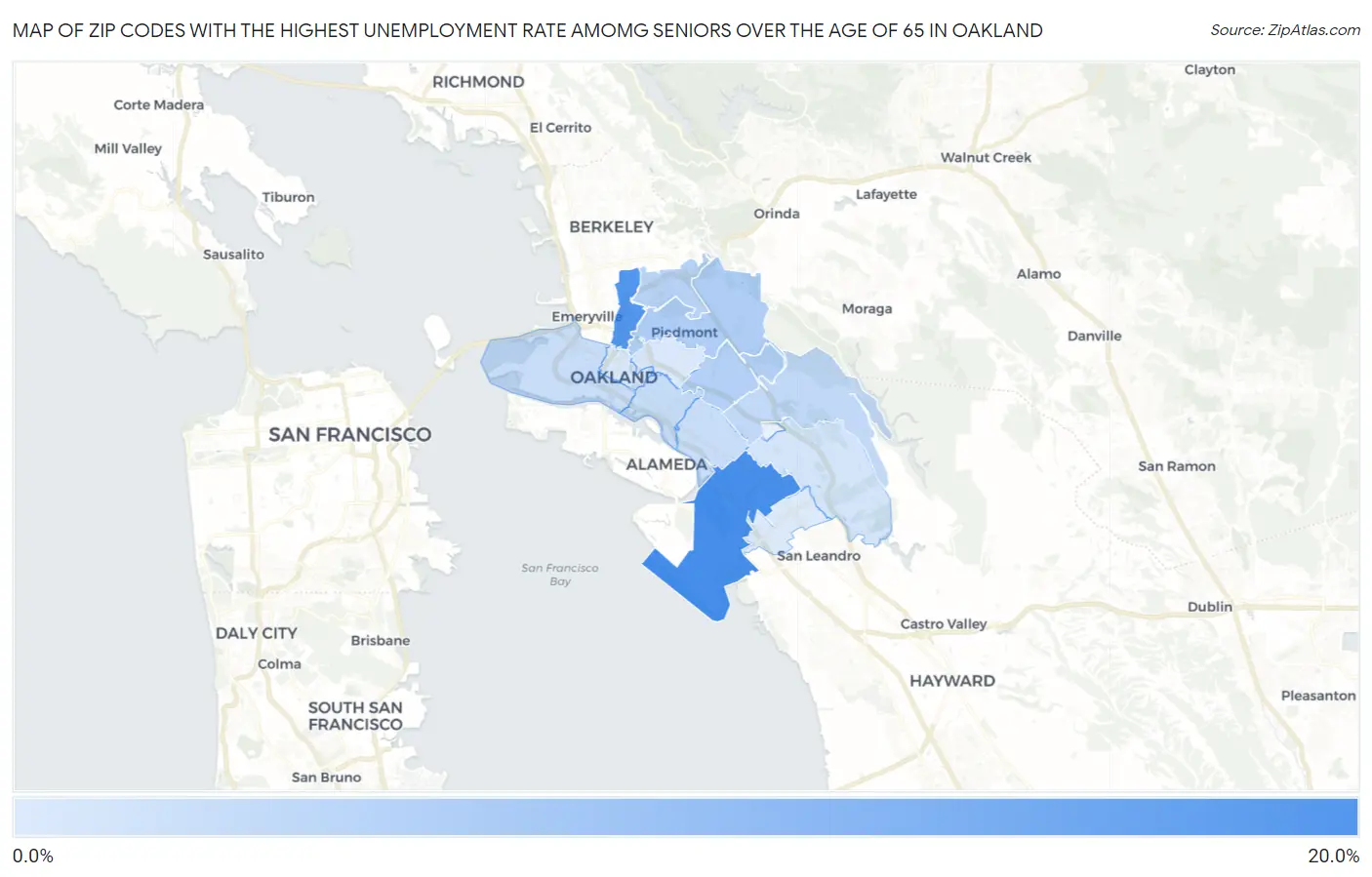Zip Codes with the Highest Unemployment Rate Amomg Seniors Over the Age of 65 in Oakland Map