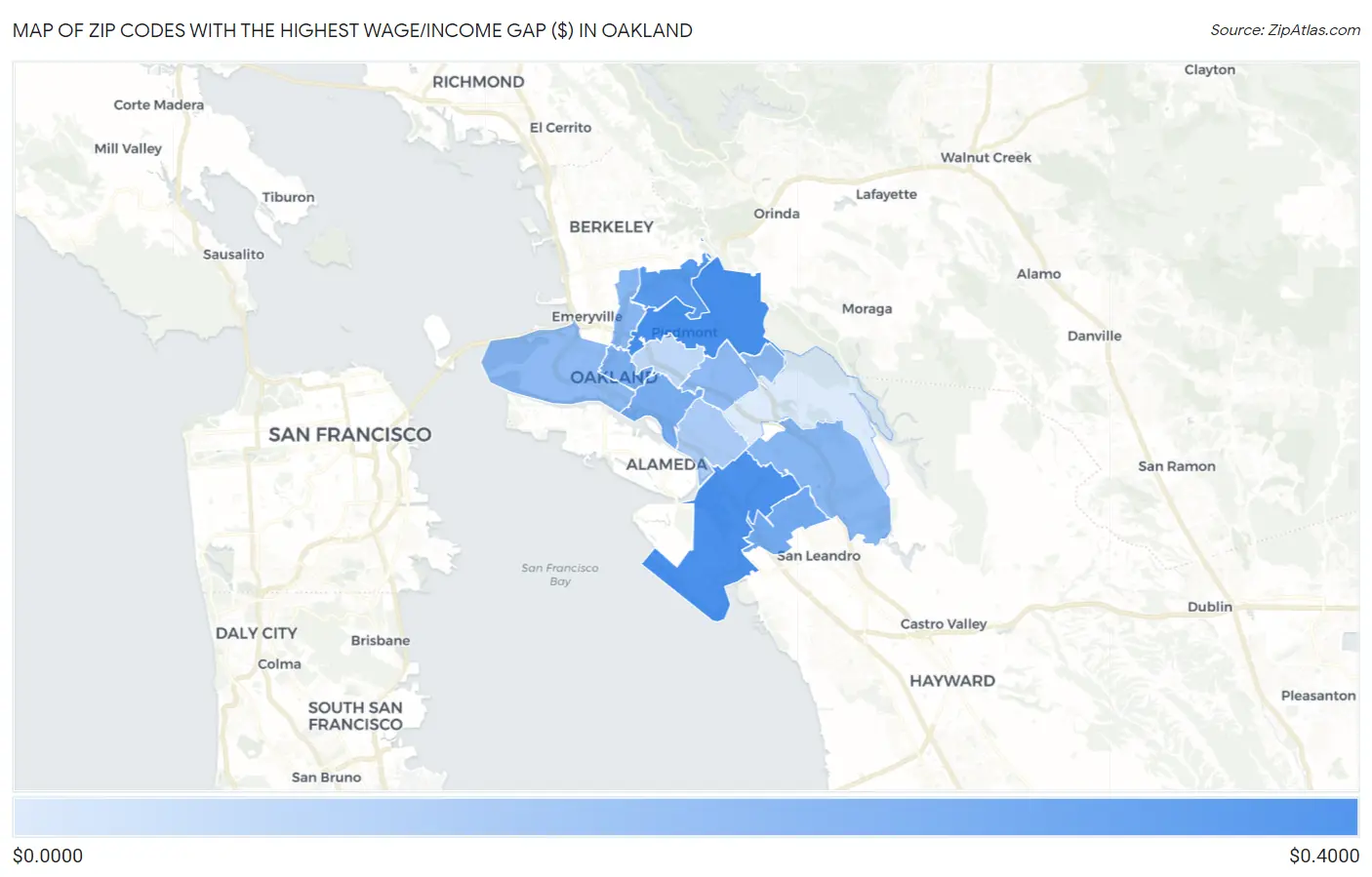 Zip Codes with the Highest Wage/Income Gap ($) in Oakland Map