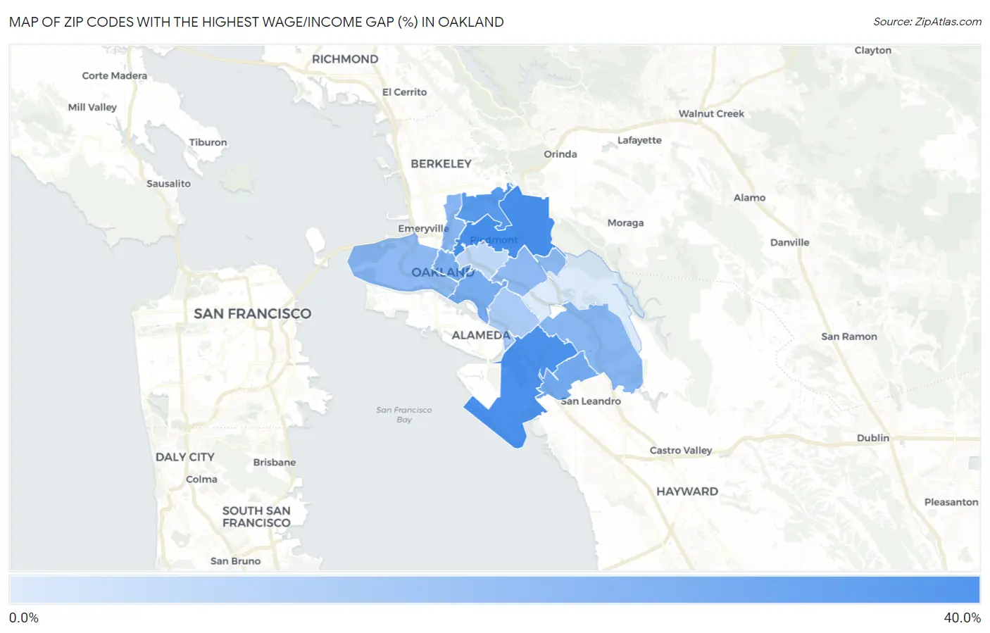 Zip Codes with the Highest Wage/Income Gap (%) in Oakland Map