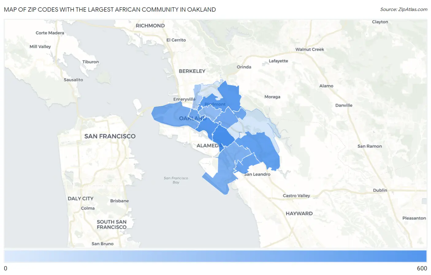Zip Codes with the Largest African Community in Oakland Map