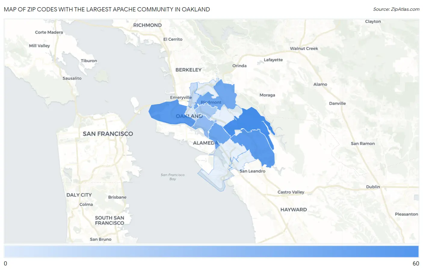 Zip Codes with the Largest Apache Community in Oakland Map