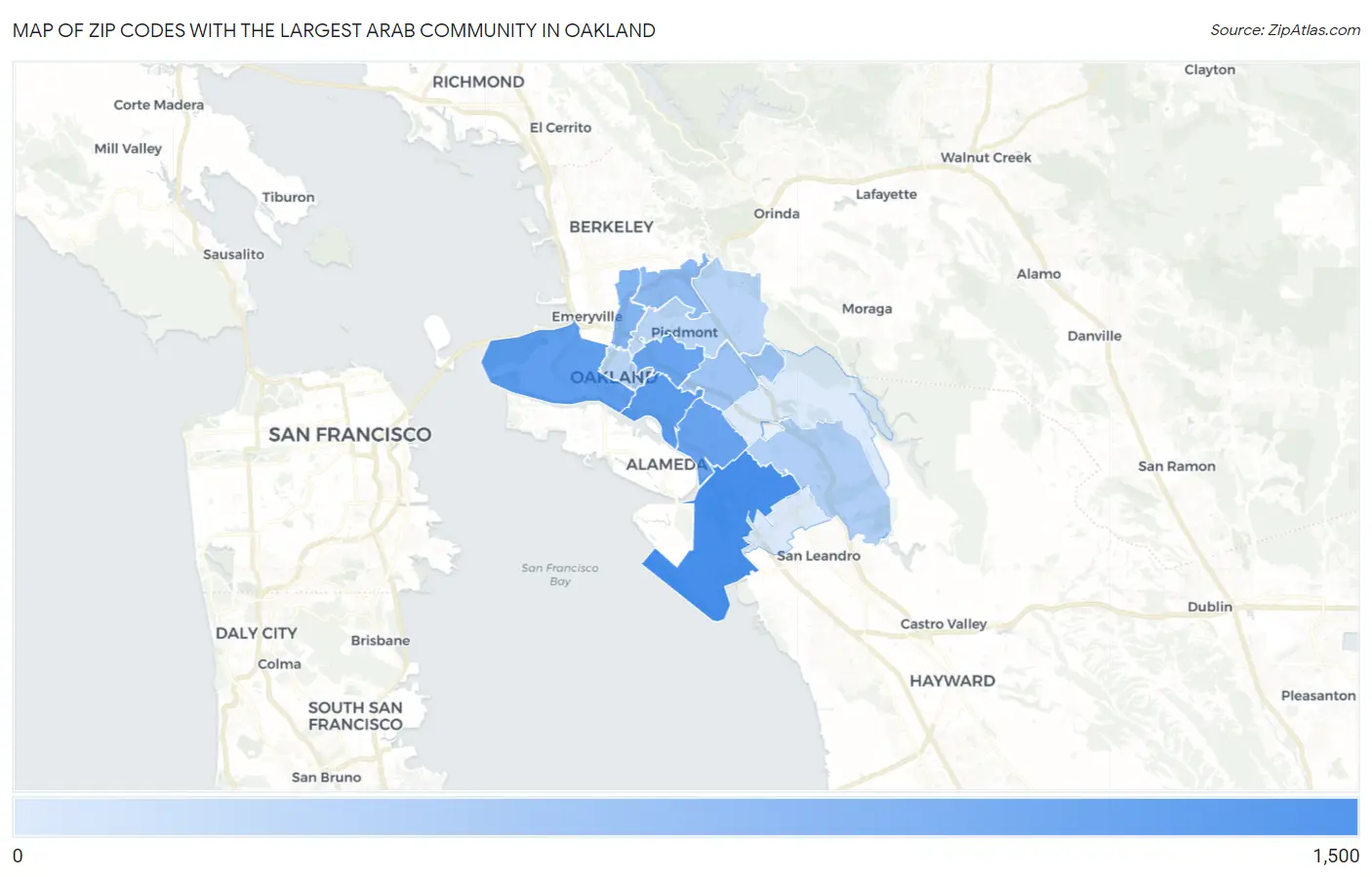 Zip Codes with the Largest Arab Community in Oakland Map