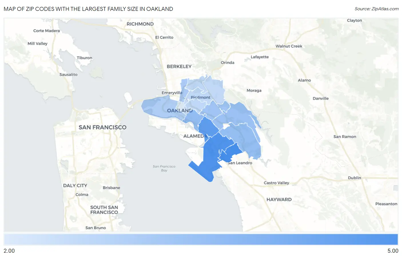 Zip Codes with the Largest Family Size in Oakland Map