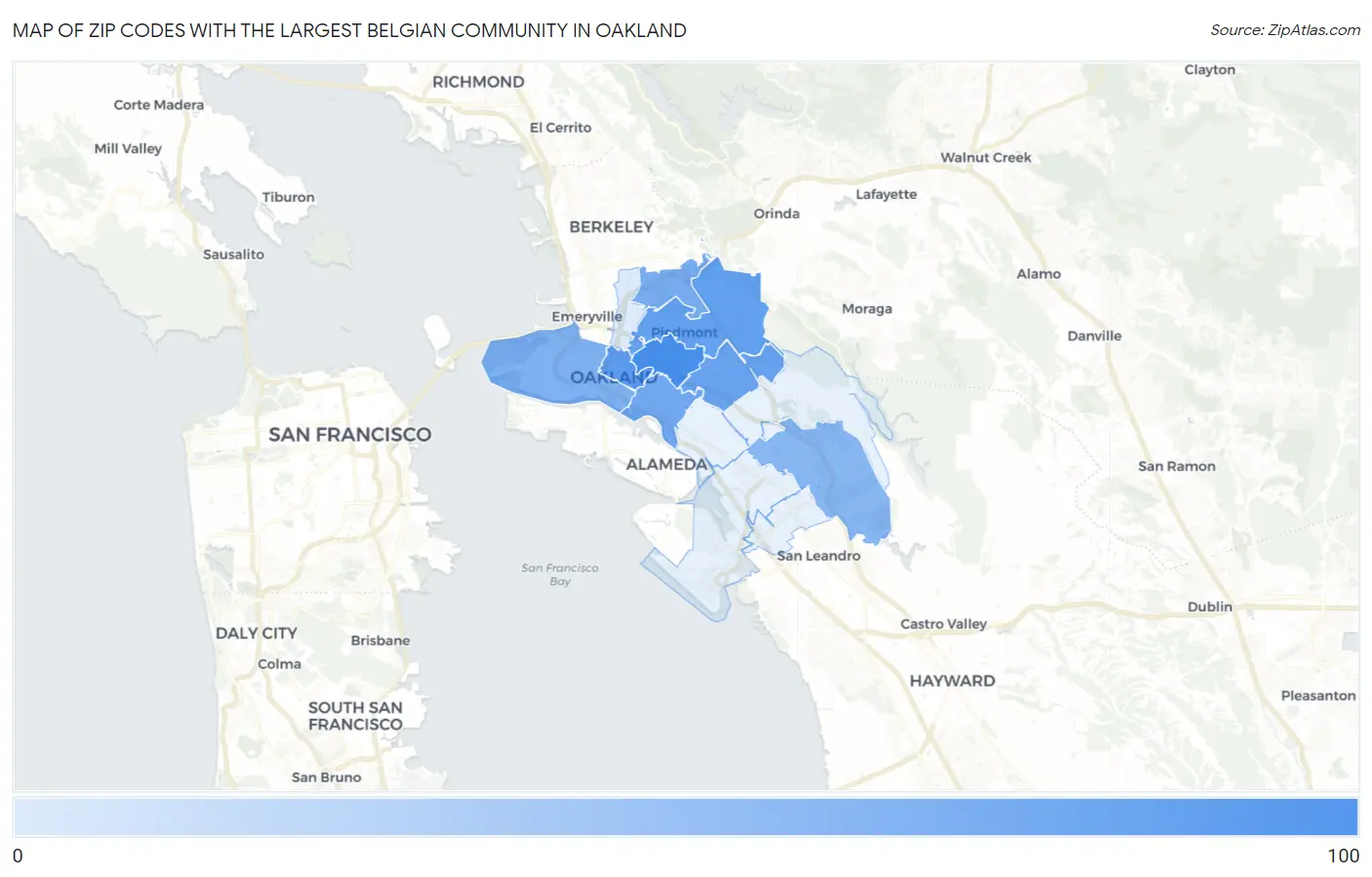 Zip Codes with the Largest Belgian Community in Oakland Map