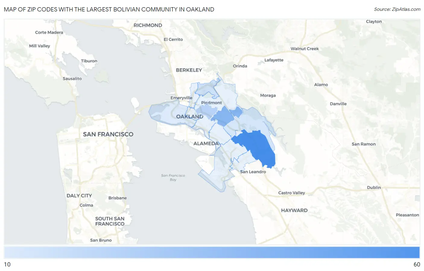 Zip Codes with the Largest Bolivian Community in Oakland Map
