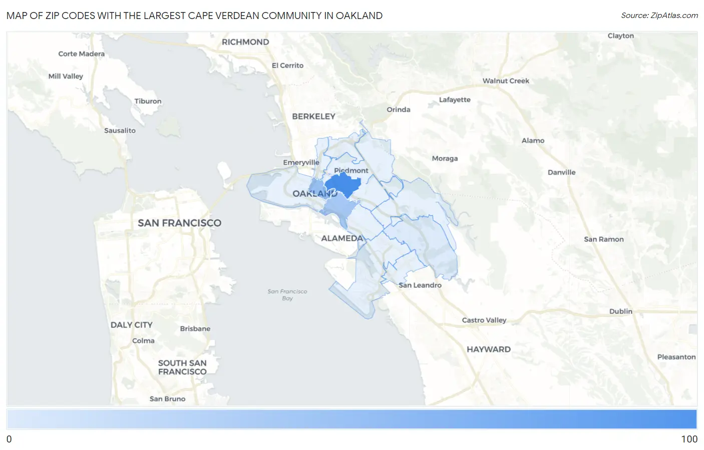 Zip Codes with the Largest Cape Verdean Community in Oakland Map
