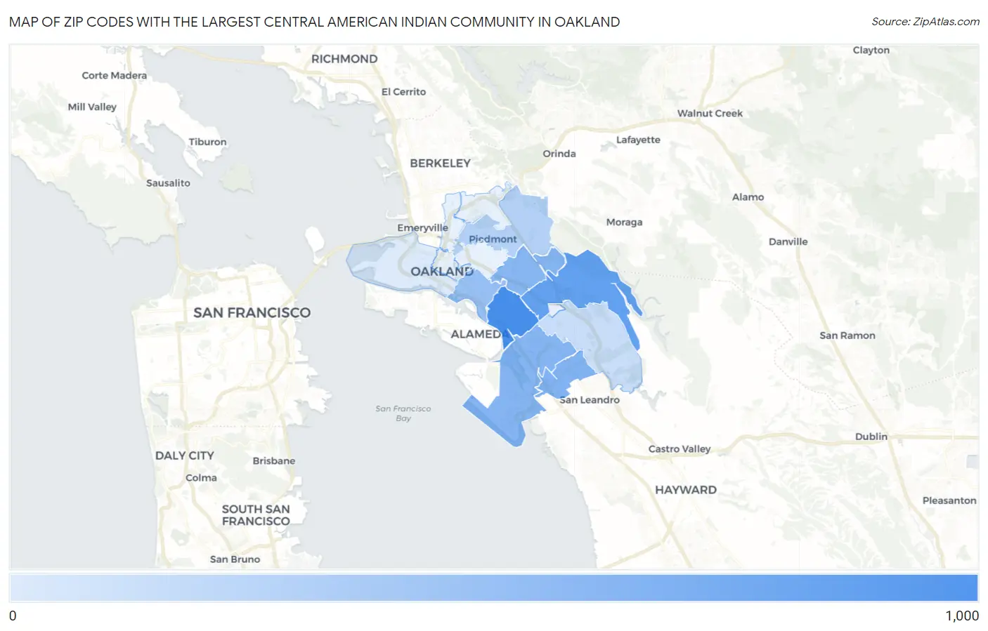 Zip Codes with the Largest Central American Indian Community in Oakland Map