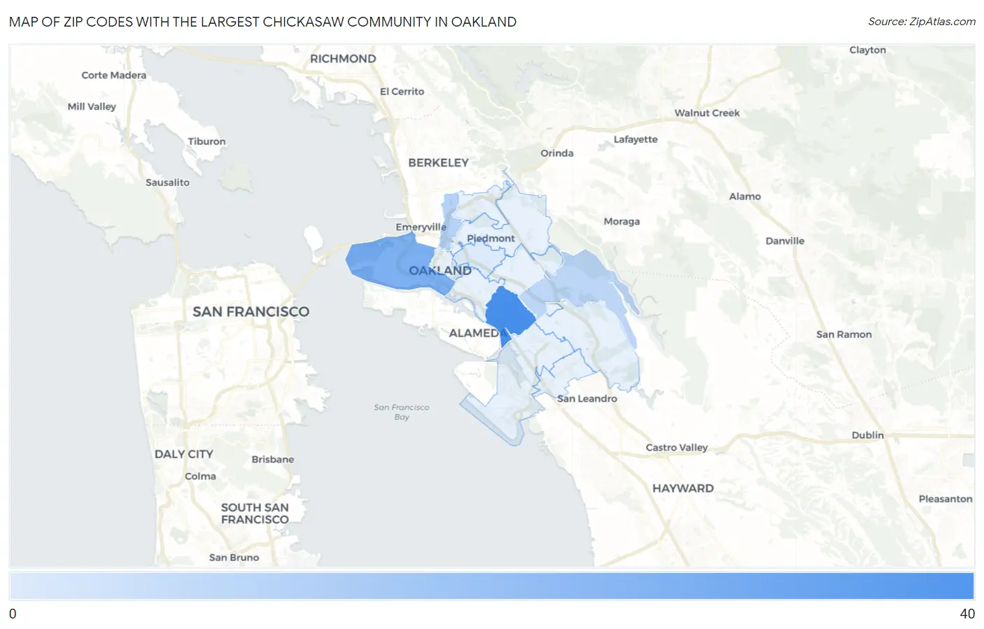 Zip Codes with the Largest Chickasaw Community in Oakland Map