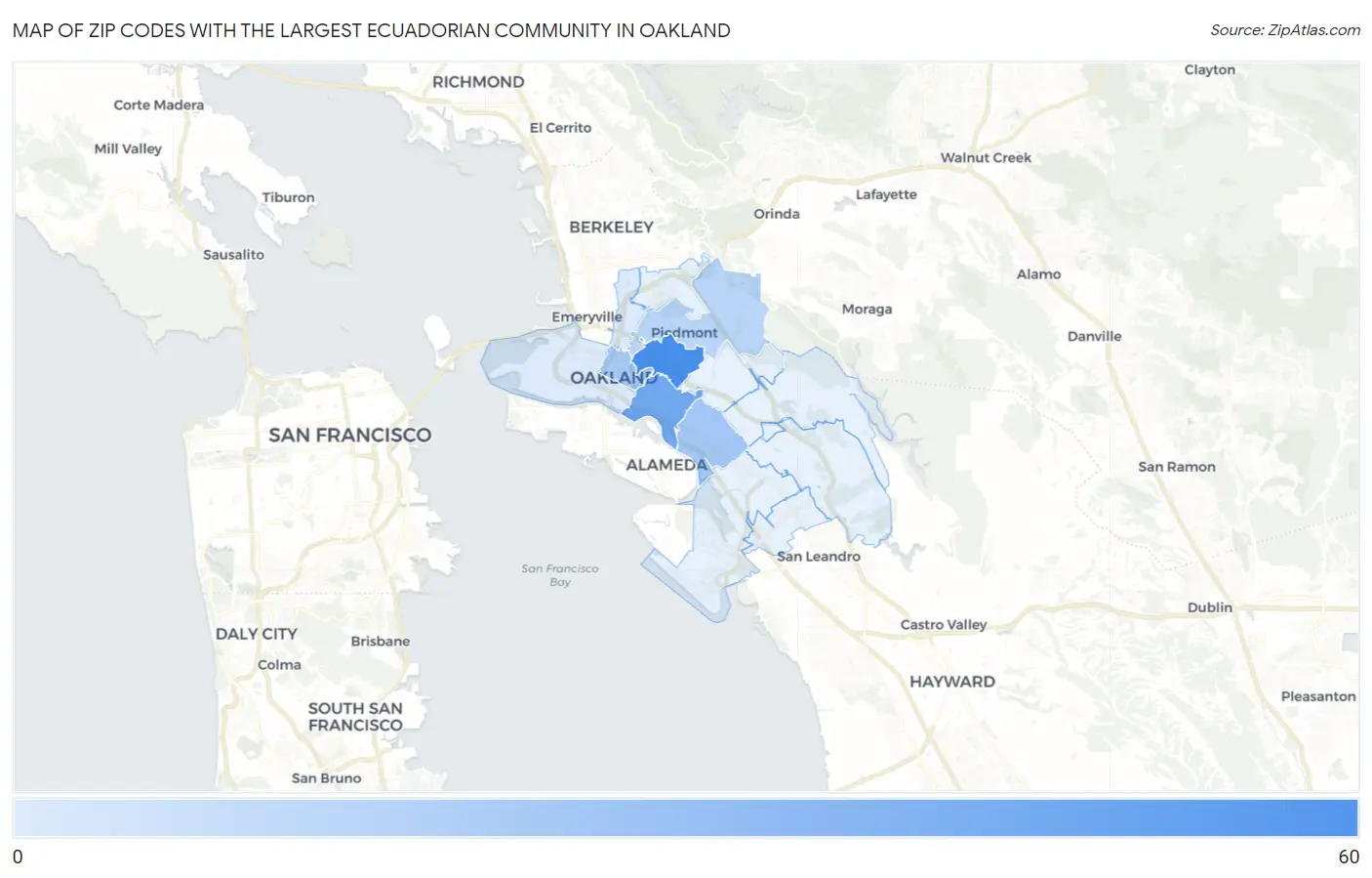 Zip Codes with the Largest Ecuadorian Community in Oakland Map