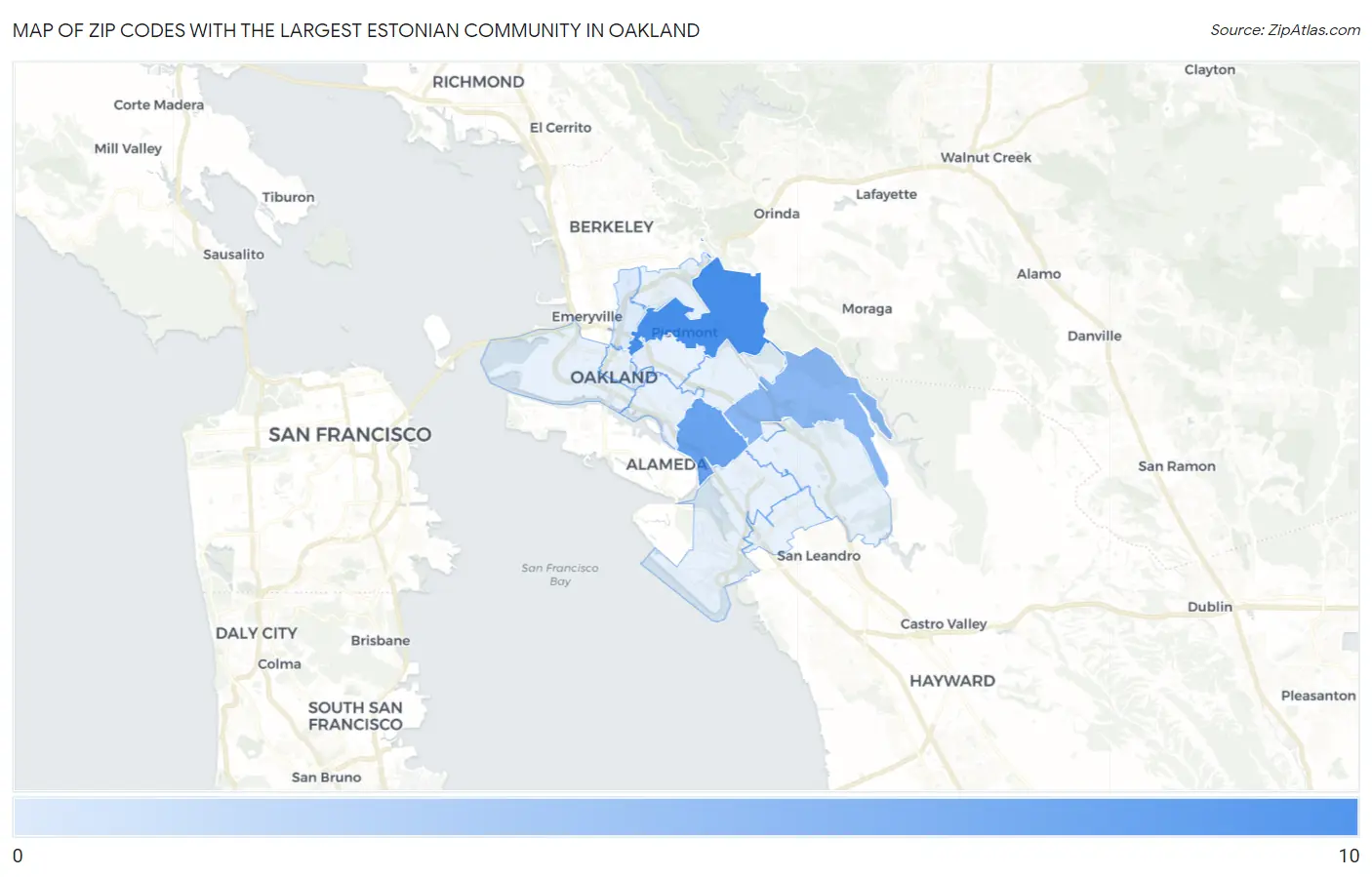 Zip Codes with the Largest Estonian Community in Oakland Map