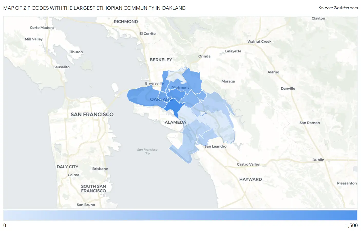 Zip Codes with the Largest Ethiopian Community in Oakland Map