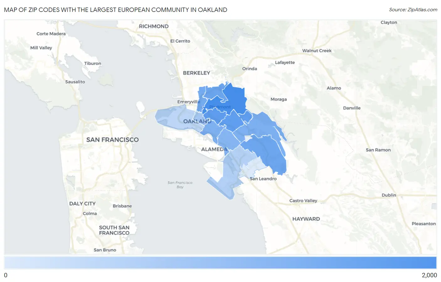Zip Codes with the Largest European Community in Oakland Map