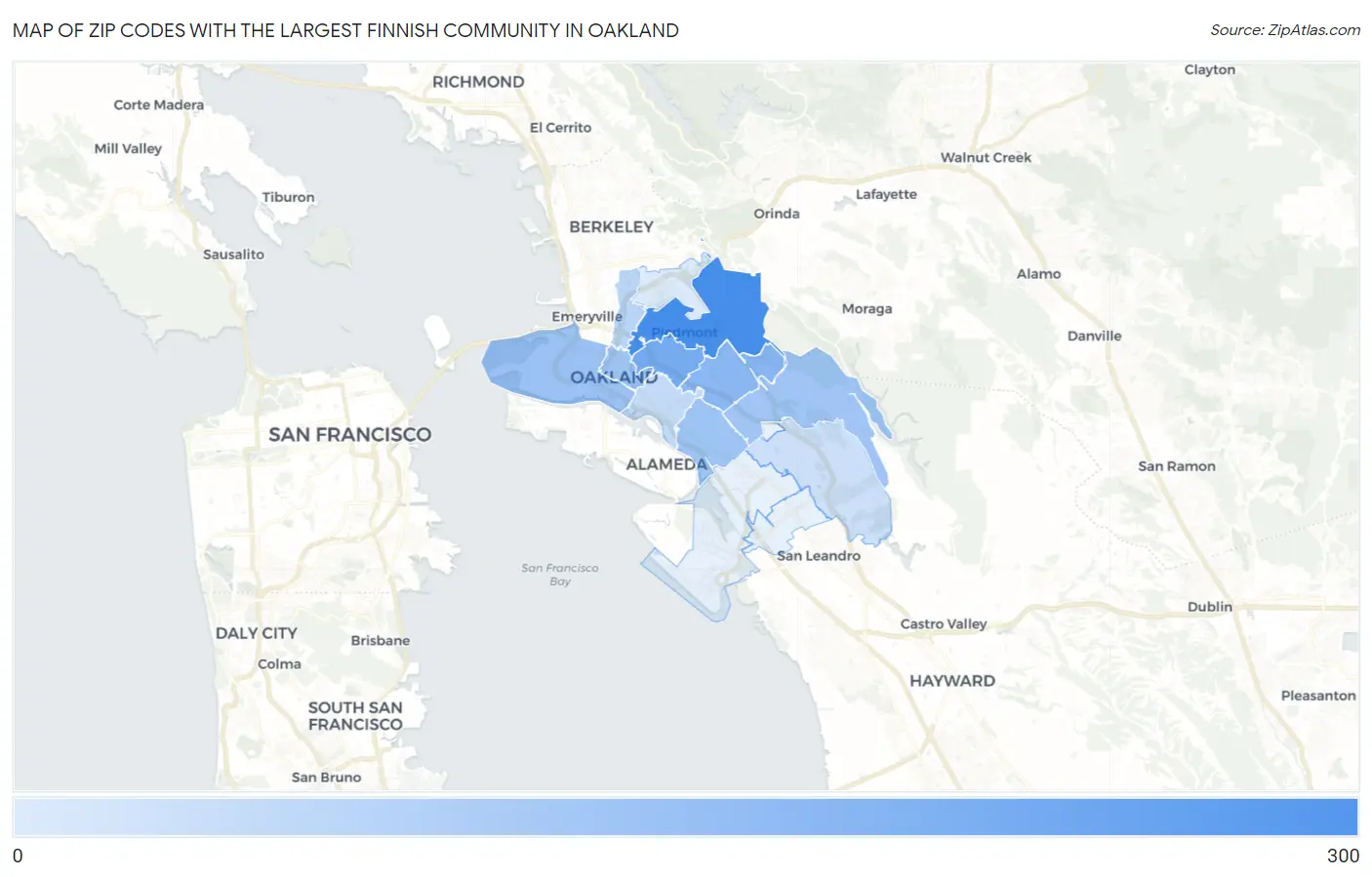 Zip Codes with the Largest Finnish Community in Oakland Map
