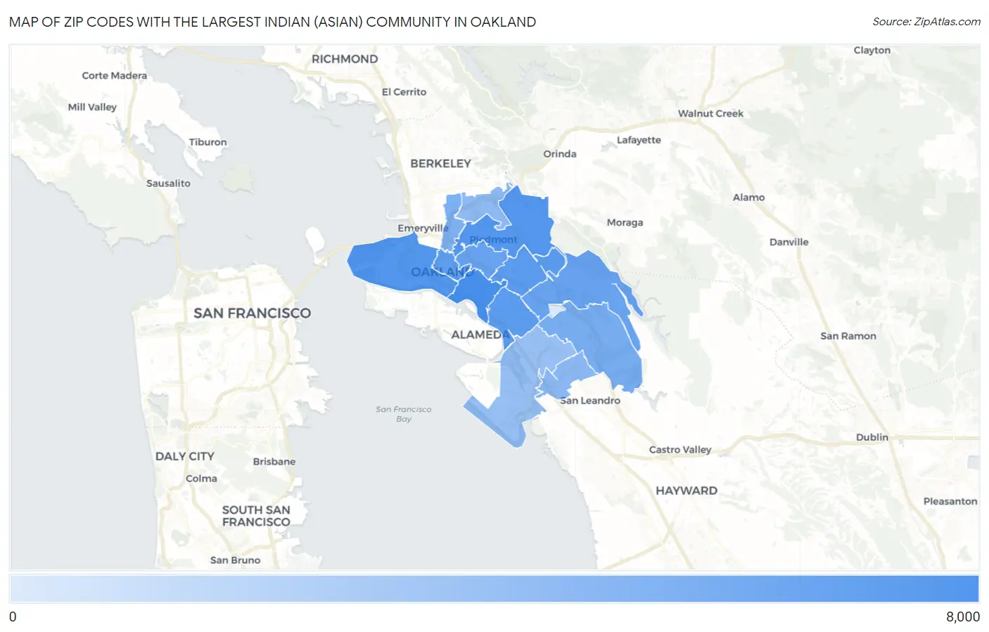 Zip Codes with the Largest Indian (Asian) Community in Oakland Map