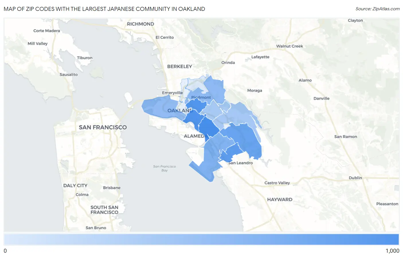Zip Codes with the Largest Japanese Community in Oakland Map