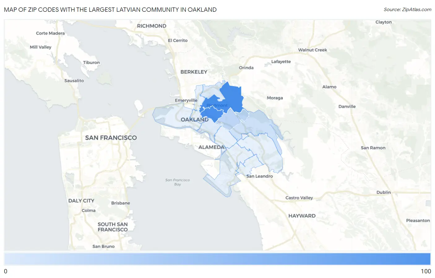 Zip Codes with the Largest Latvian Community in Oakland Map