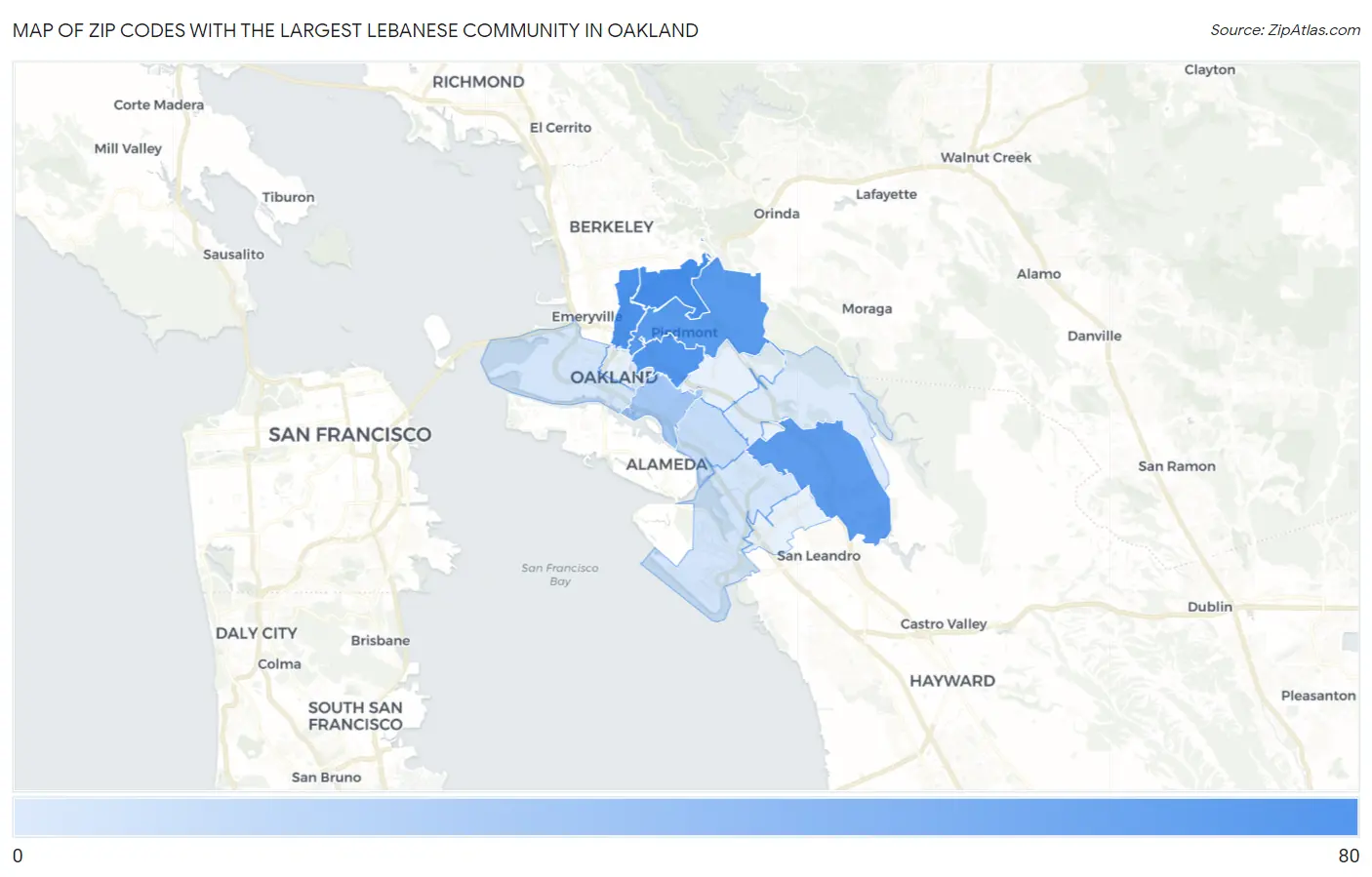 Zip Codes with the Largest Lebanese Community in Oakland Map