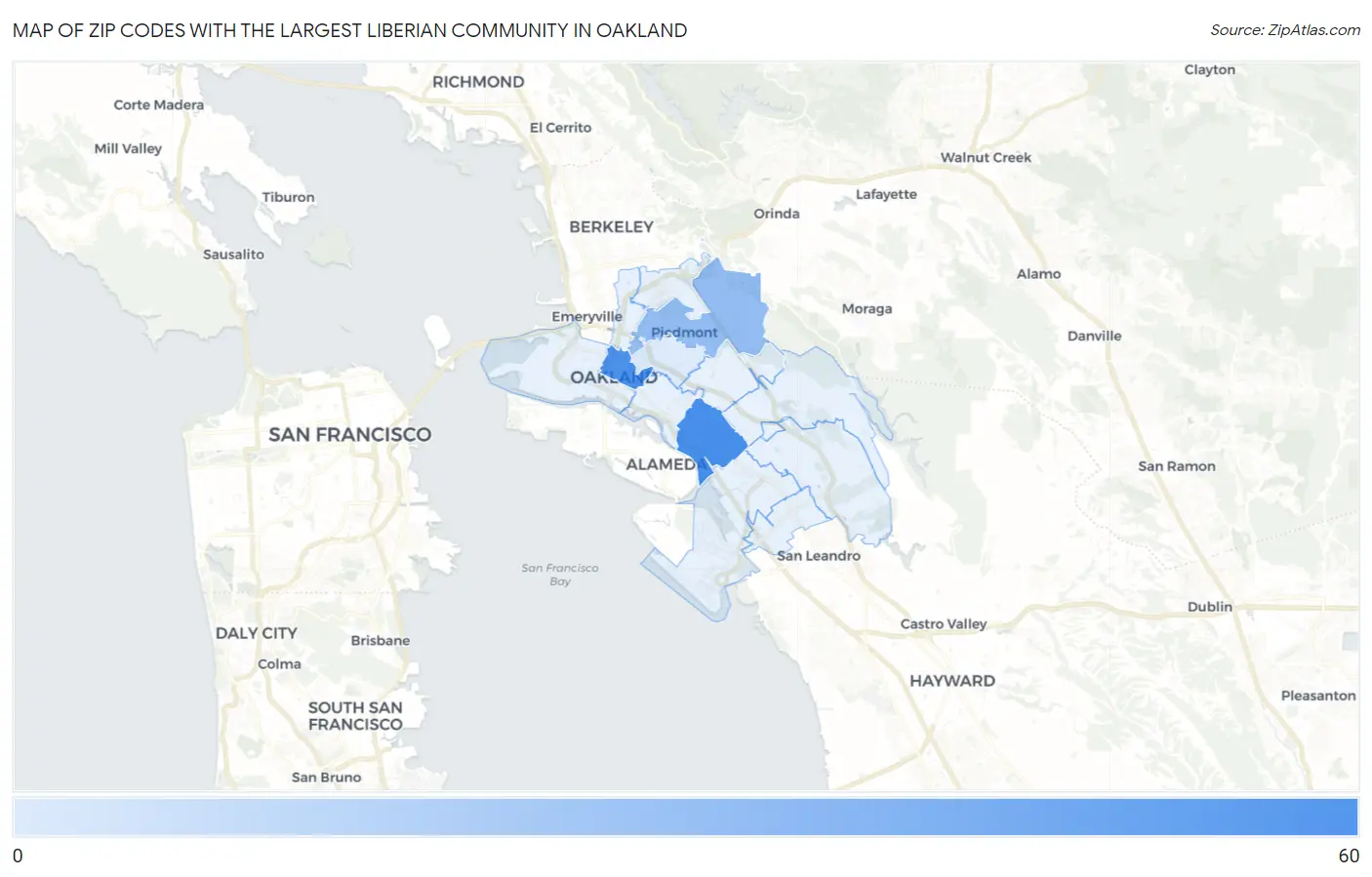 Zip Codes with the Largest Liberian Community in Oakland Map