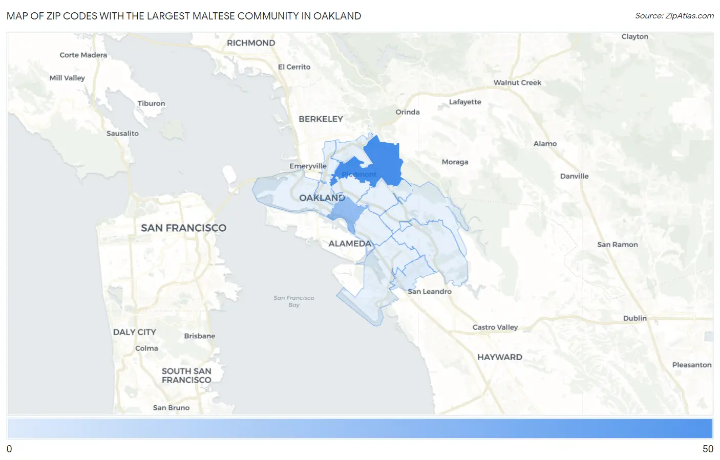 Zip Codes with the Largest Maltese Community in Oakland Map