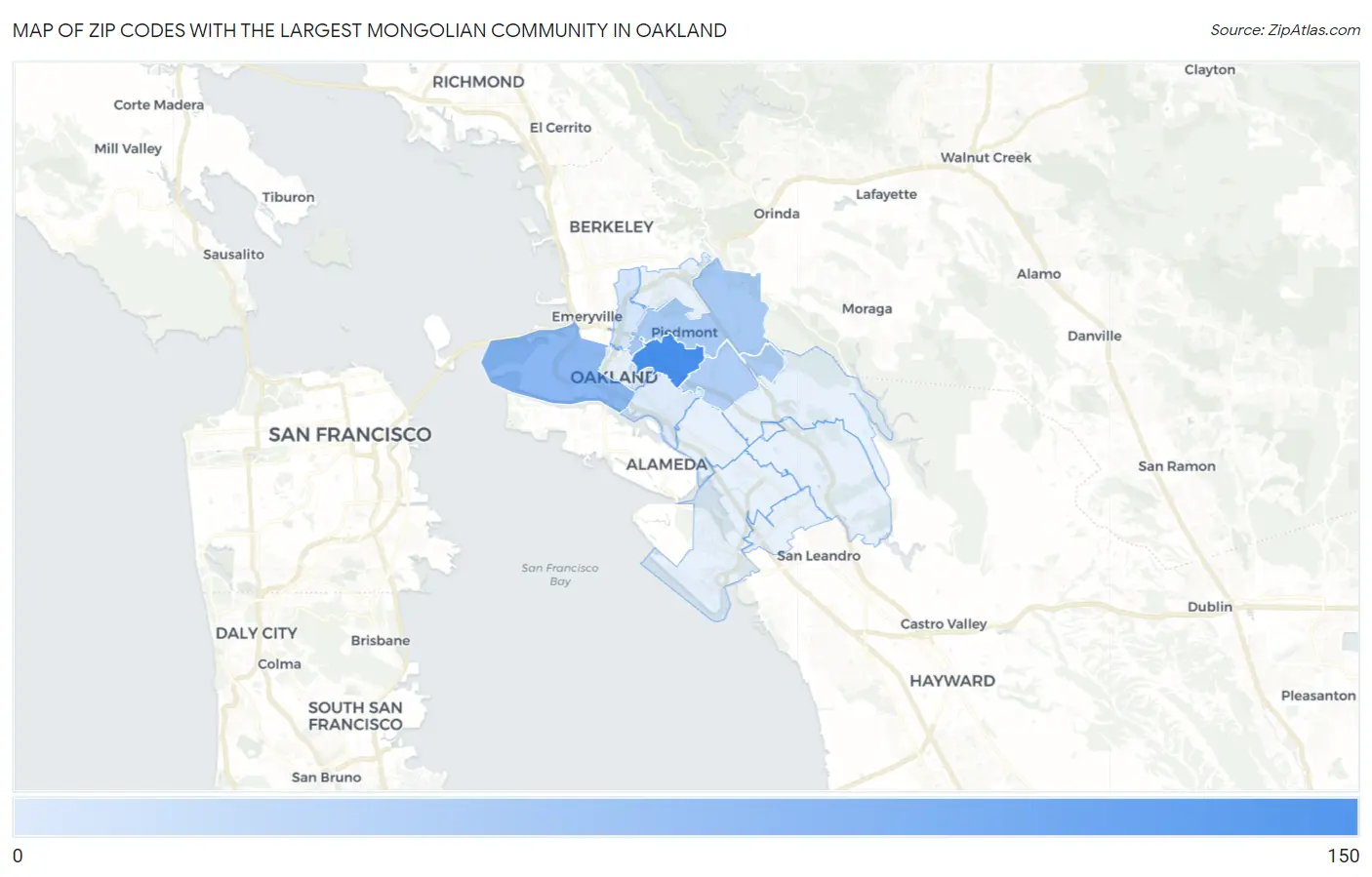 Zip Codes with the Largest Mongolian Community in Oakland Map