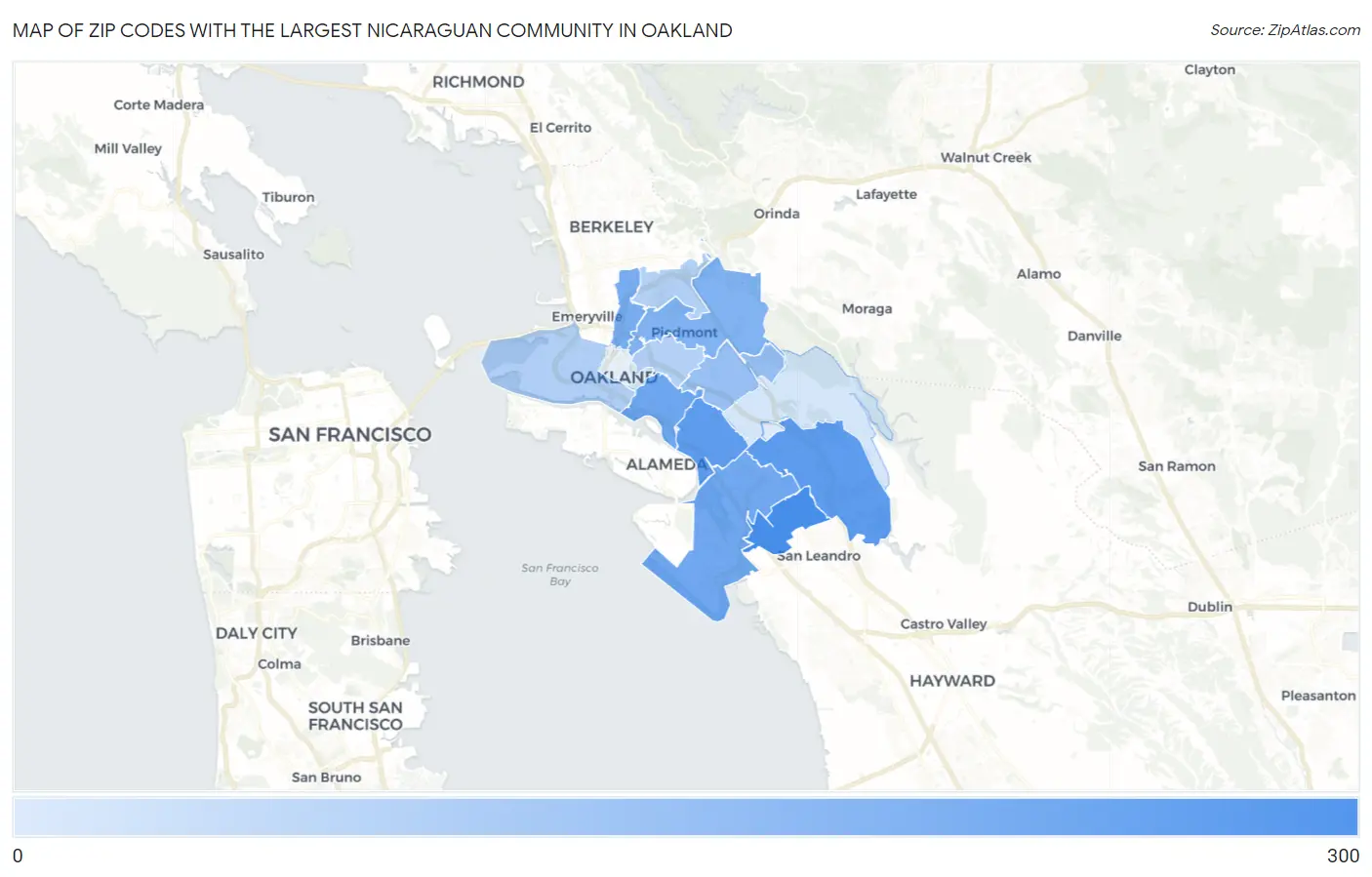 Zip Codes with the Largest Nicaraguan Community in Oakland Map