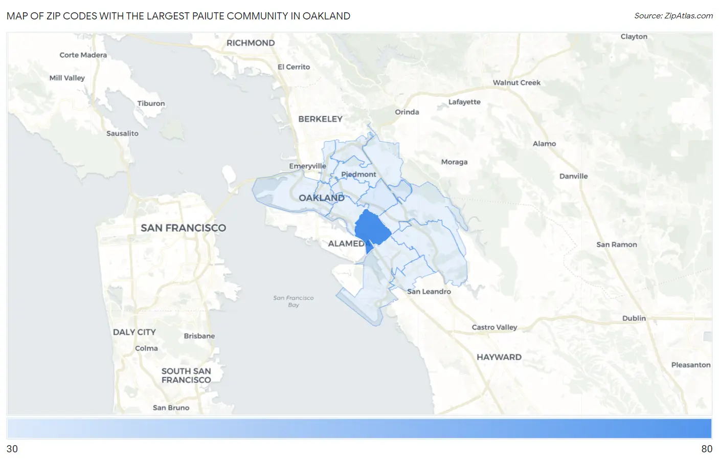 Zip Codes with the Largest Paiute Community in Oakland Map