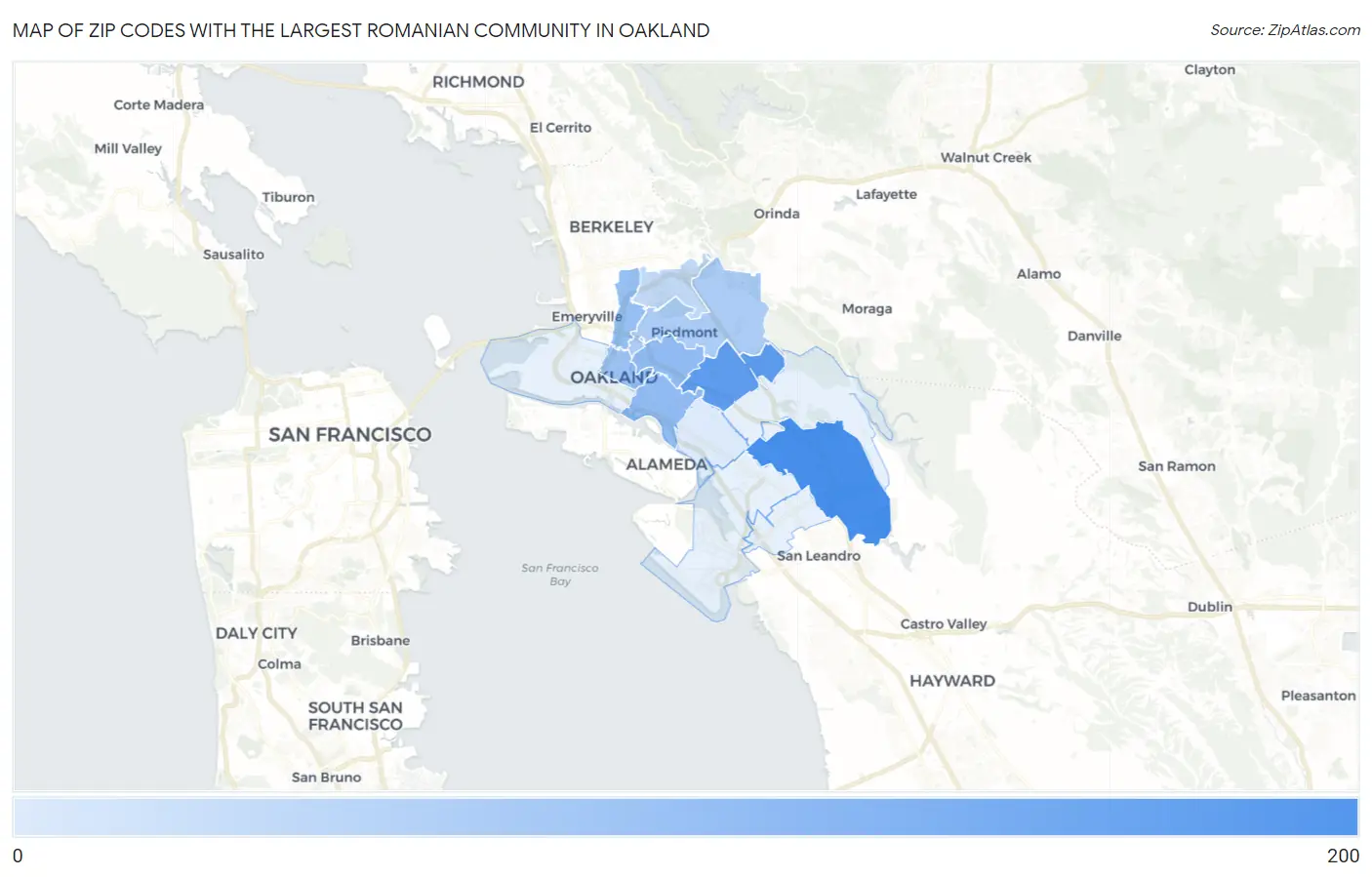 Zip Codes with the Largest Romanian Community in Oakland Map