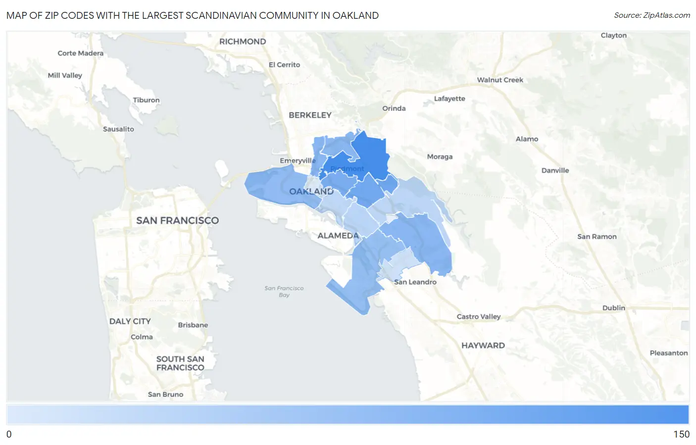 Zip Codes with the Largest Scandinavian Community in Oakland Map