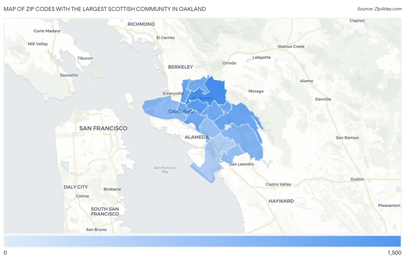 Zip Codes with the Largest Scottish Community in Oakland Map
