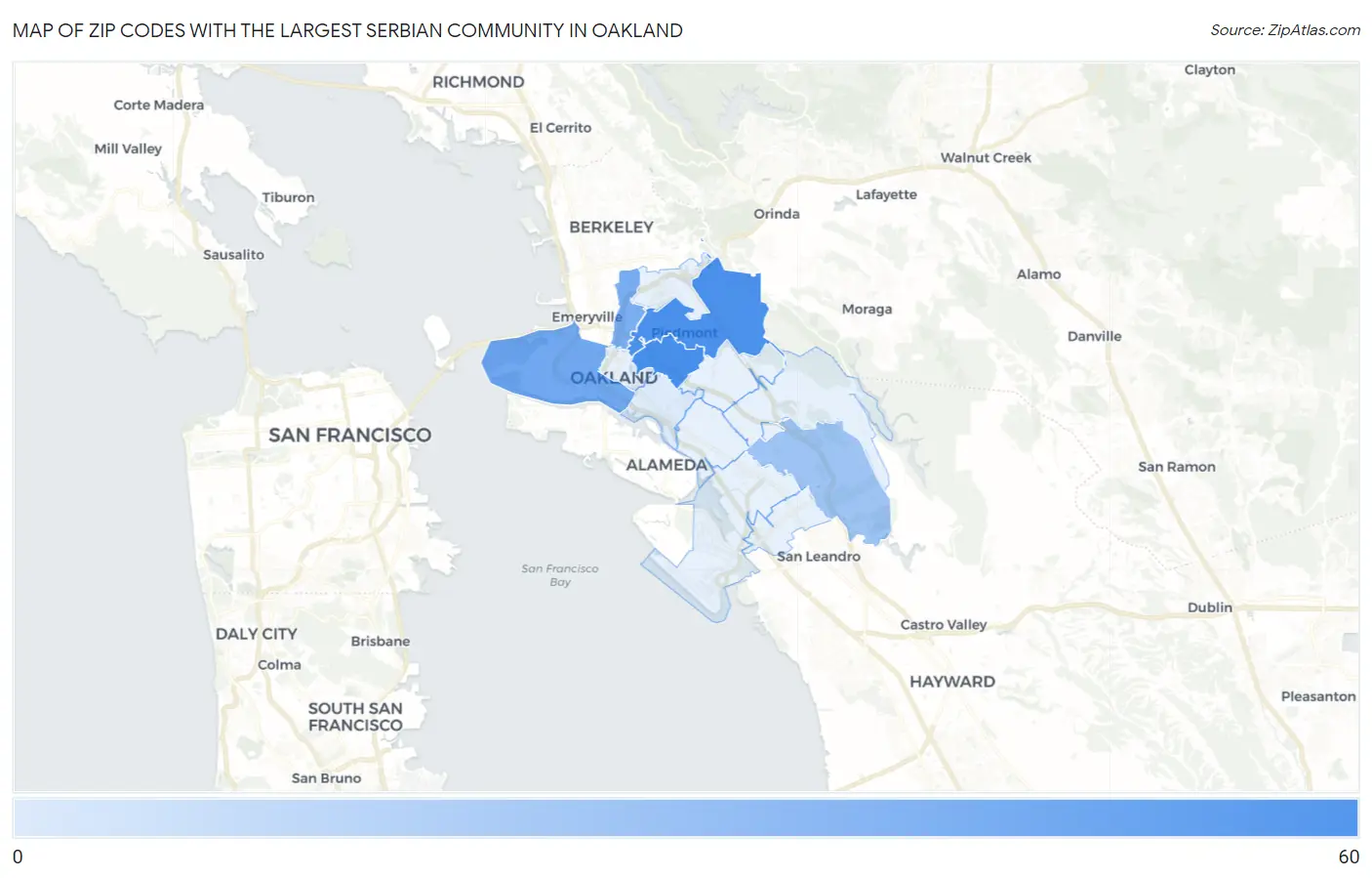 Zip Codes with the Largest Serbian Community in Oakland Map