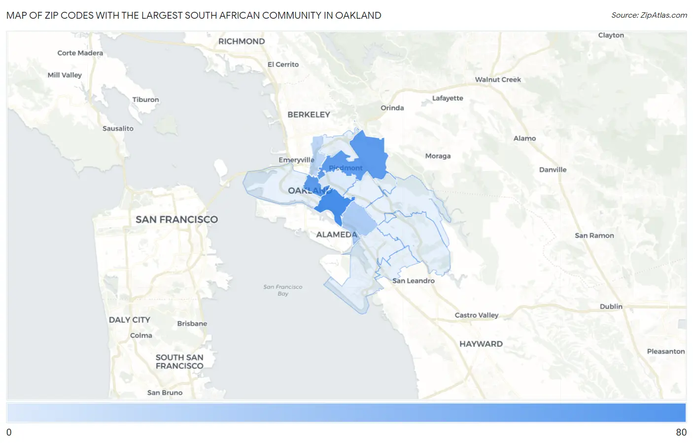 Zip Codes with the Largest South African Community in Oakland Map