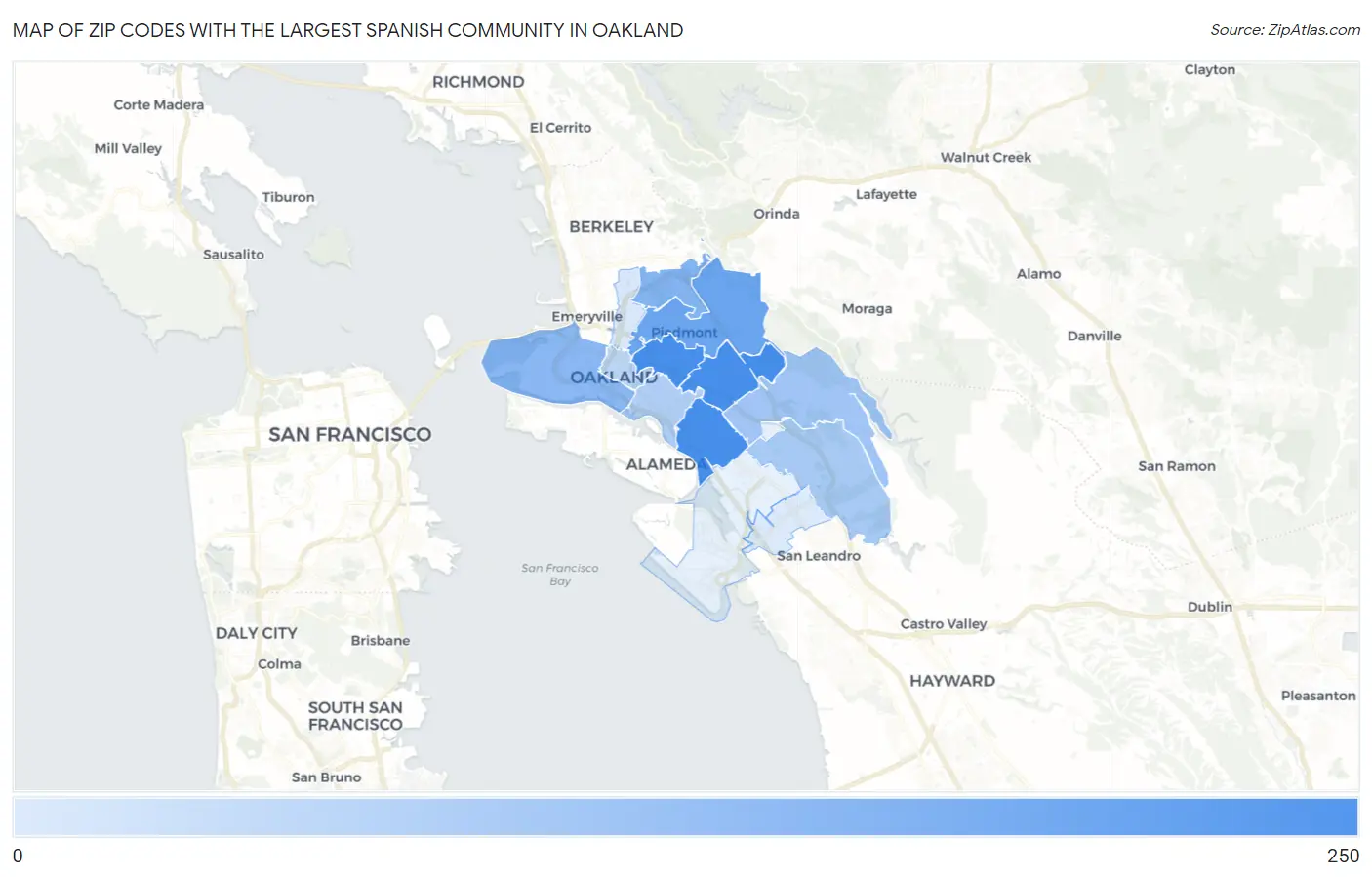Zip Codes with the Largest Spanish Community in Oakland Map