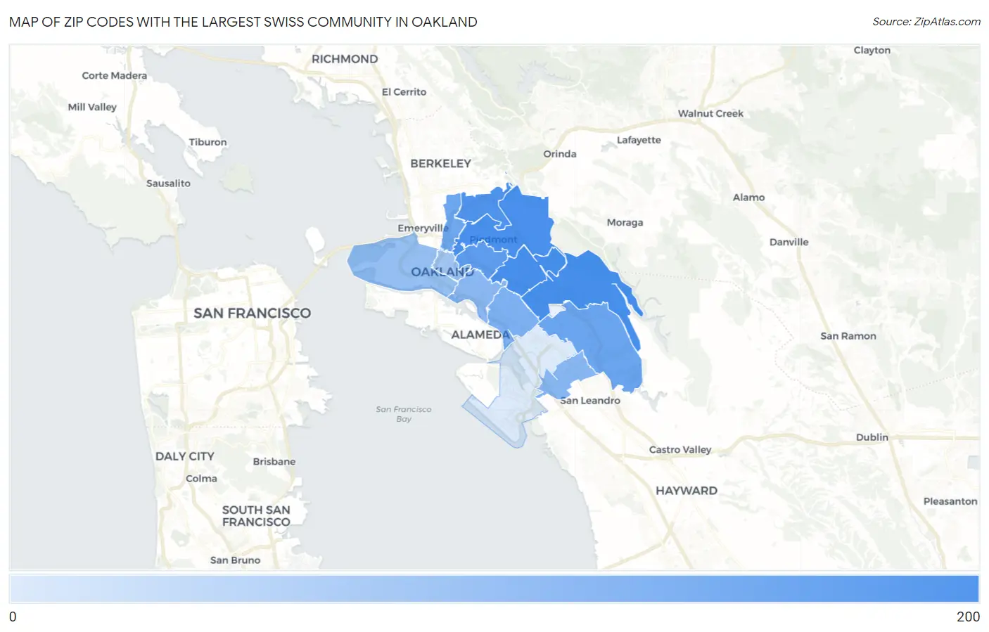 Zip Codes with the Largest Swiss Community in Oakland Map