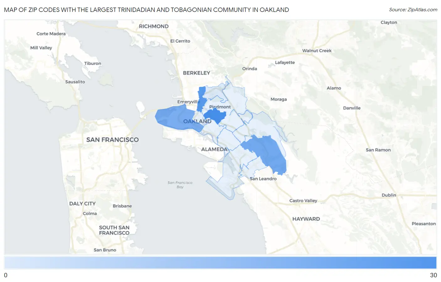 Zip Codes with the Largest Trinidadian and Tobagonian Community in Oakland Map