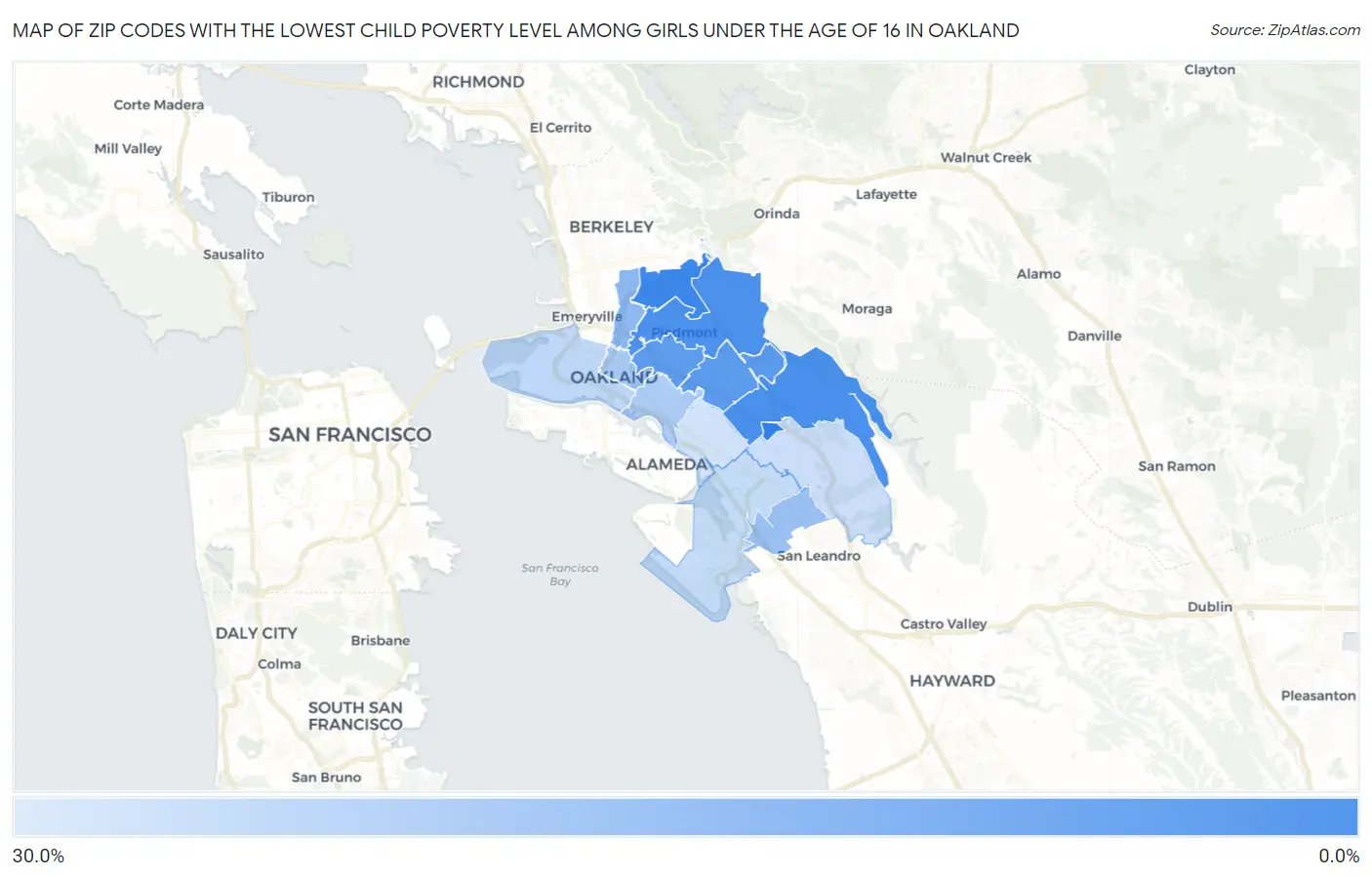 Zip Codes with the Lowest Child Poverty Level Among Girls Under the Age of 16 in Oakland Map