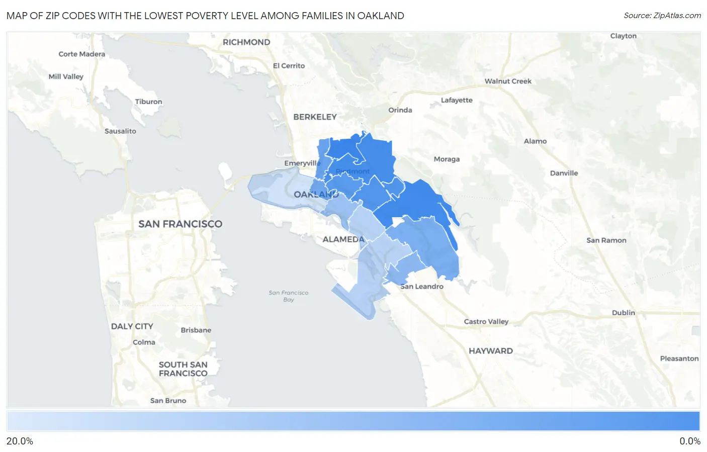 Zip Codes with the Lowest Poverty Level Among Families in Oakland Map