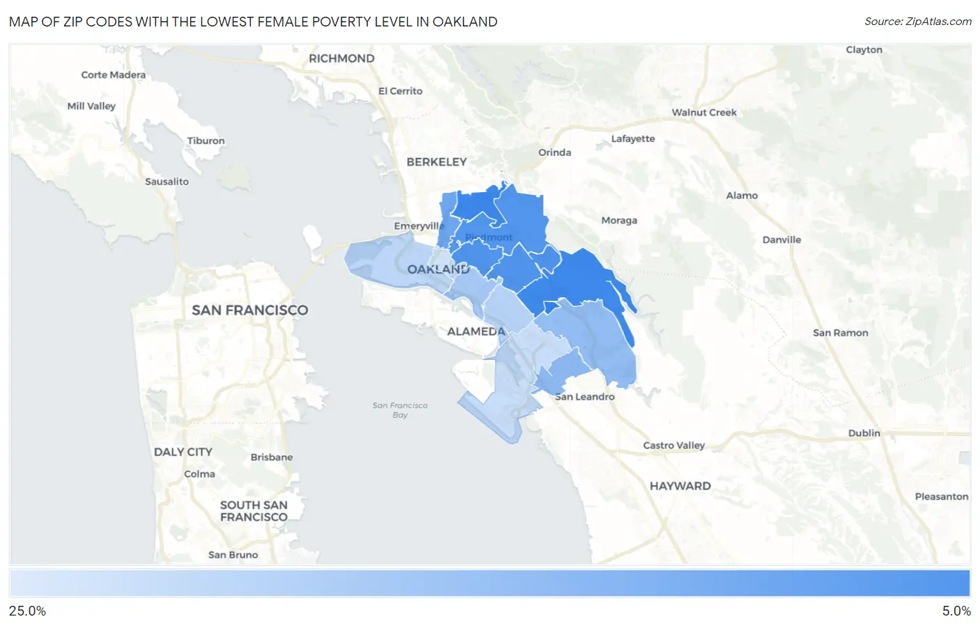 Zip Codes with the Lowest Female Poverty Level in Oakland Map