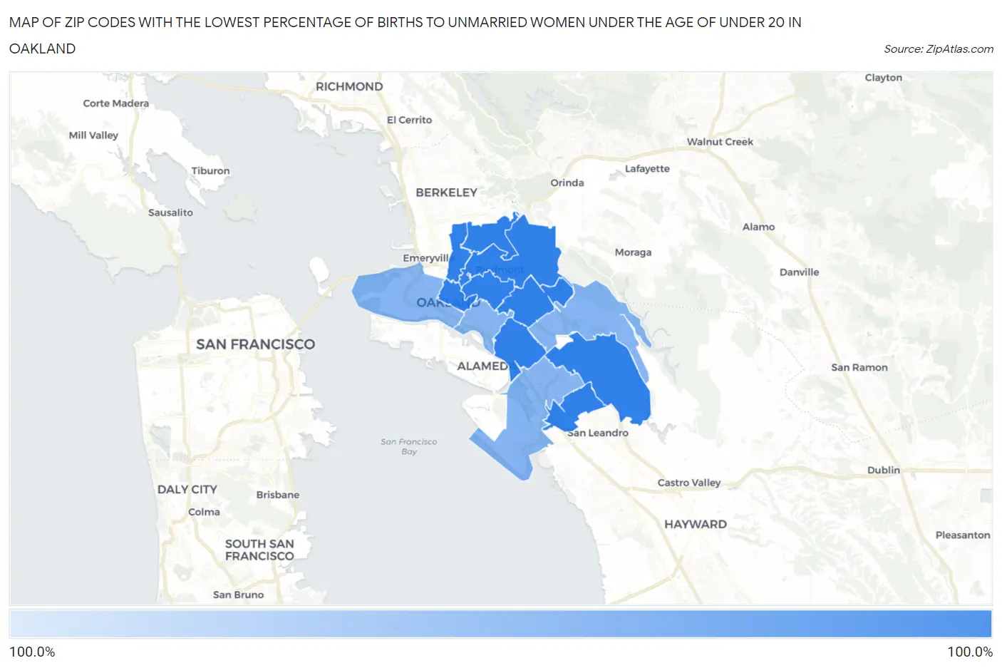 Zip Codes with the Lowest Percentage of Births to Unmarried Women under the Age of under 20 in Oakland Map