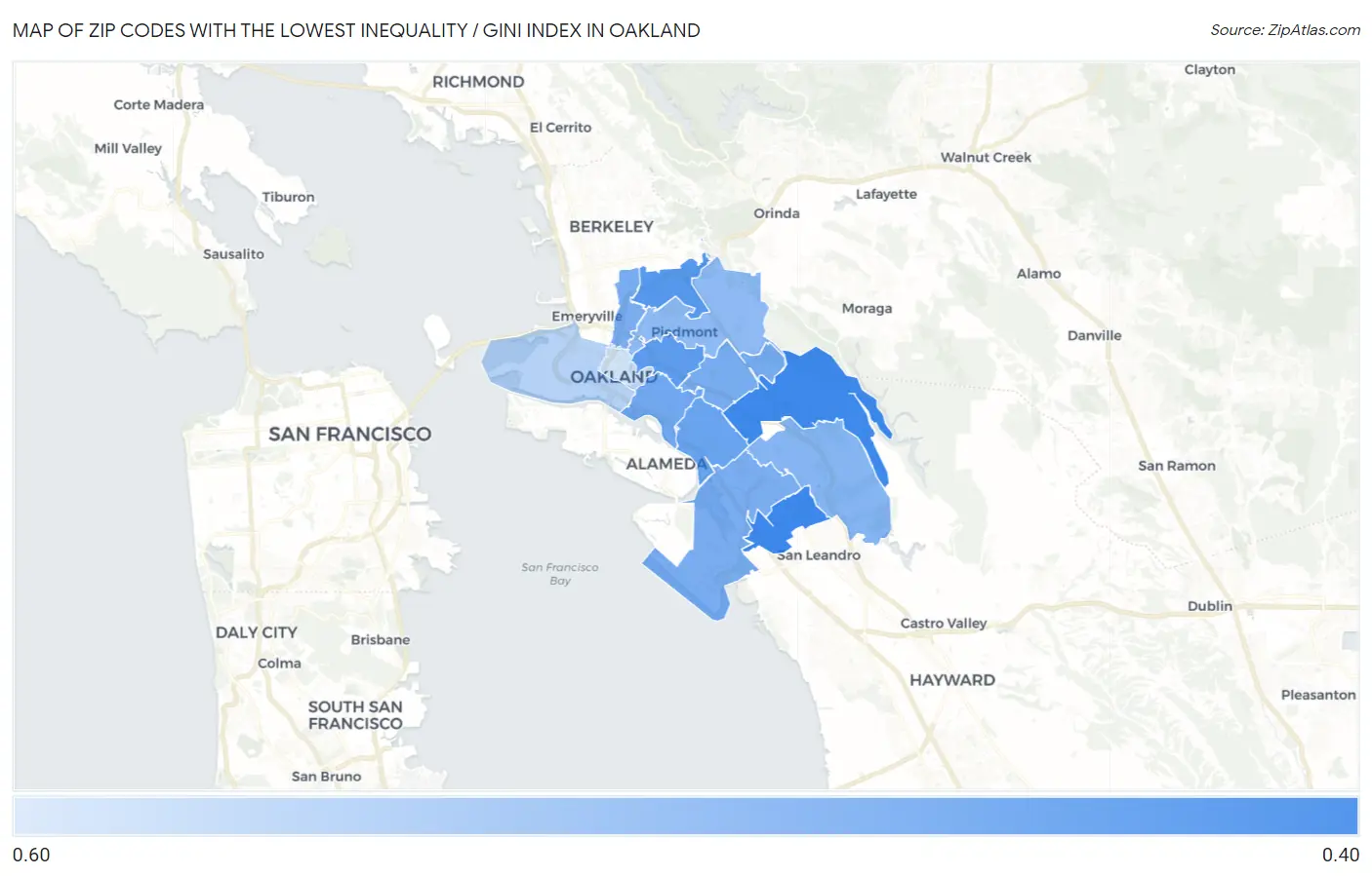 Zip Codes with the Lowest Inequality / Gini Index in Oakland Map