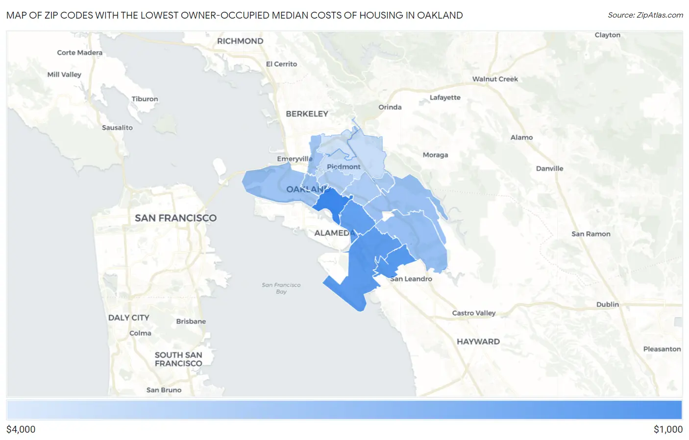 Zip Codes with the Lowest Owner-Occupied Median Costs of Housing in Oakland Map