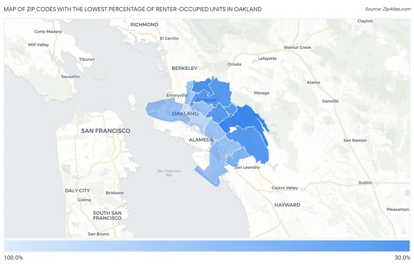 Zip Codes with the Lowest Percentage of Renter-Occupied Units in Oakland Map