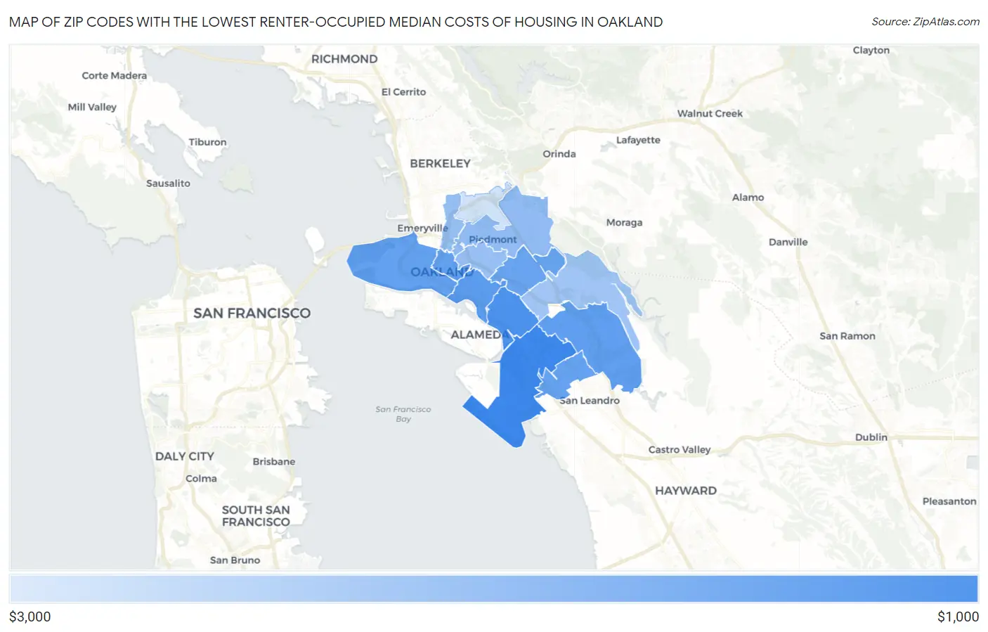 Zip Codes with the Lowest Renter-Occupied Median Costs of Housing in Oakland Map