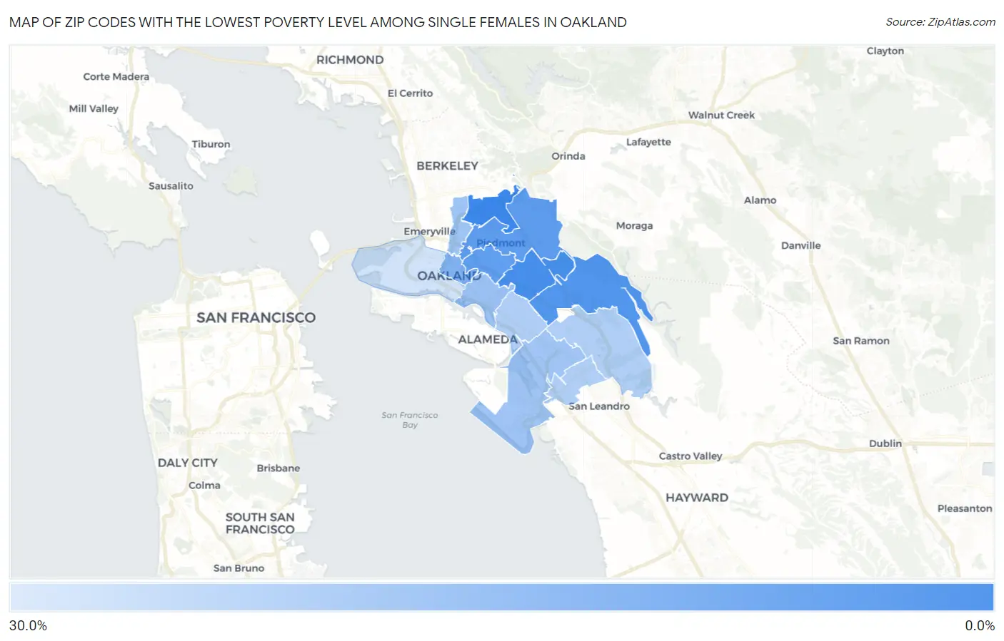 Zip Codes with the Lowest Poverty Level Among Single Females in Oakland Map