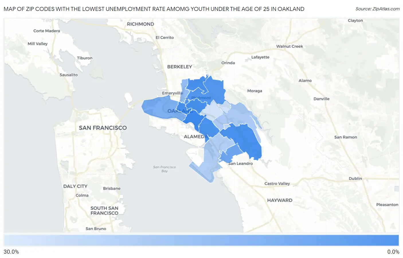 Zip Codes with the Lowest Unemployment Rate Amomg Youth Under the Age of 25 in Oakland Map