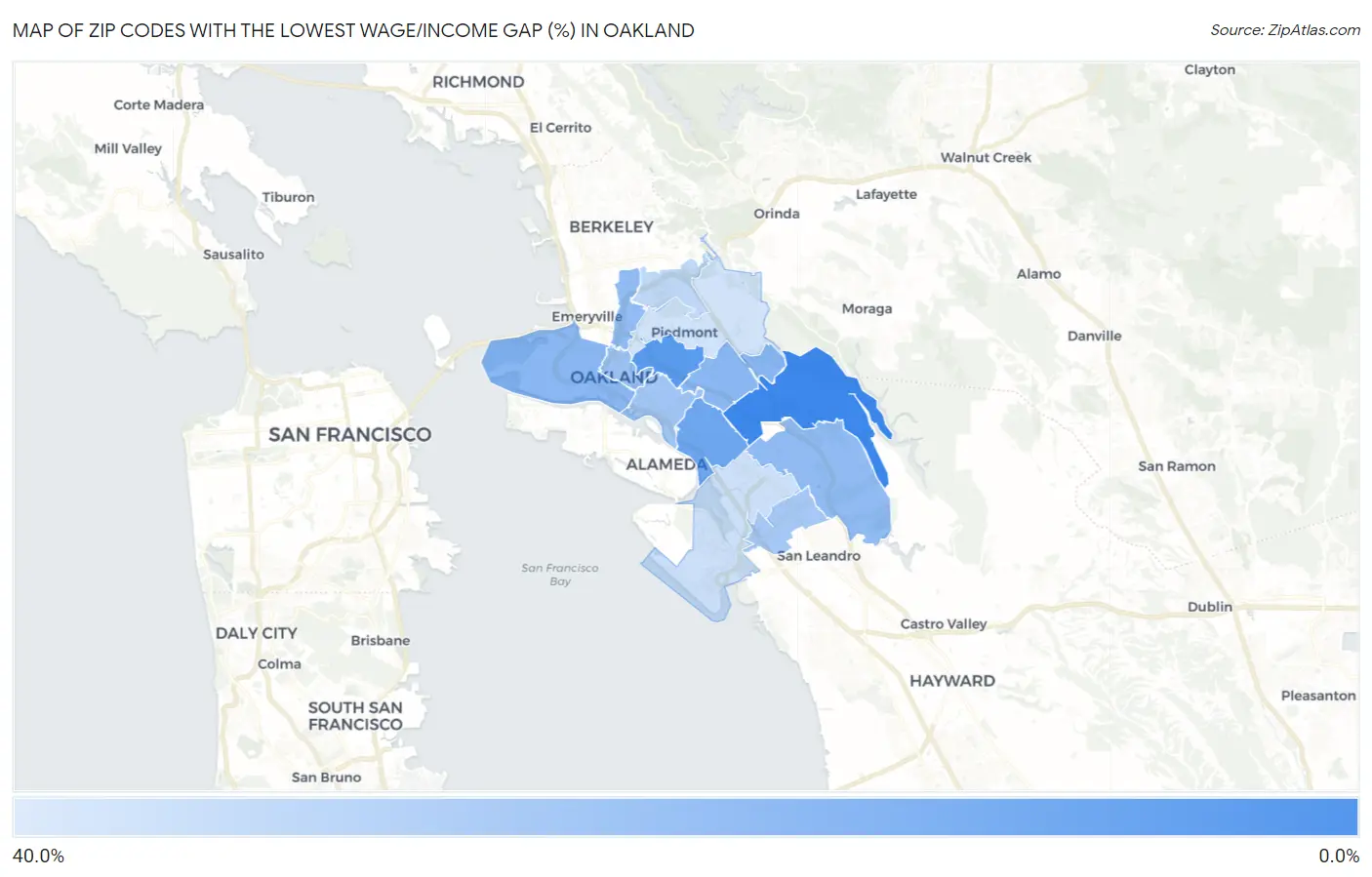 Zip Codes with the Lowest Wage/Income Gap (%) in Oakland Map