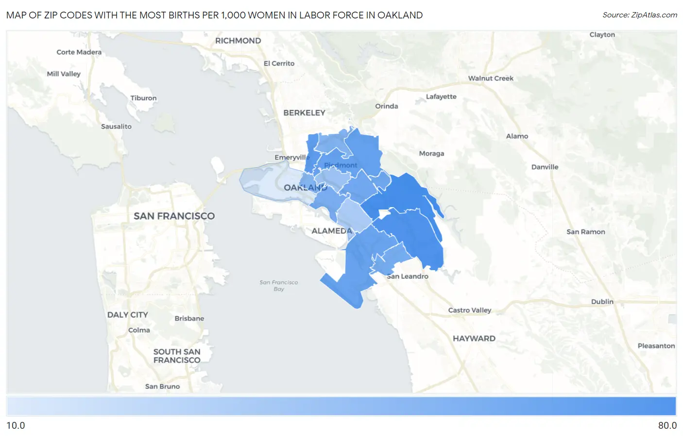 Zip Codes with the Most Births per 1,000 Women in Labor Force in Oakland Map