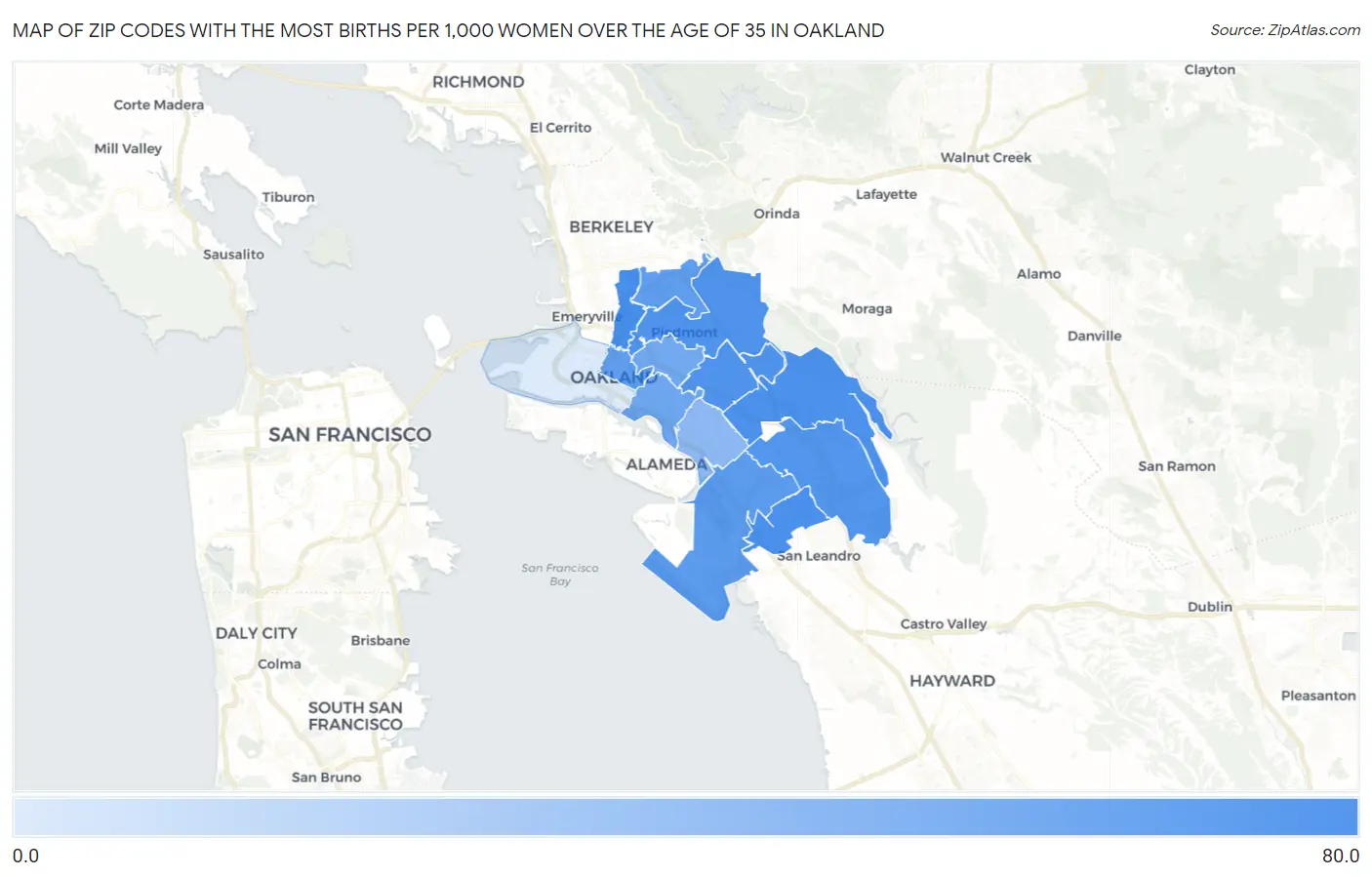 Zip Codes with the Most Births per 1,000 Women Over the Age of 35 in Oakland Map