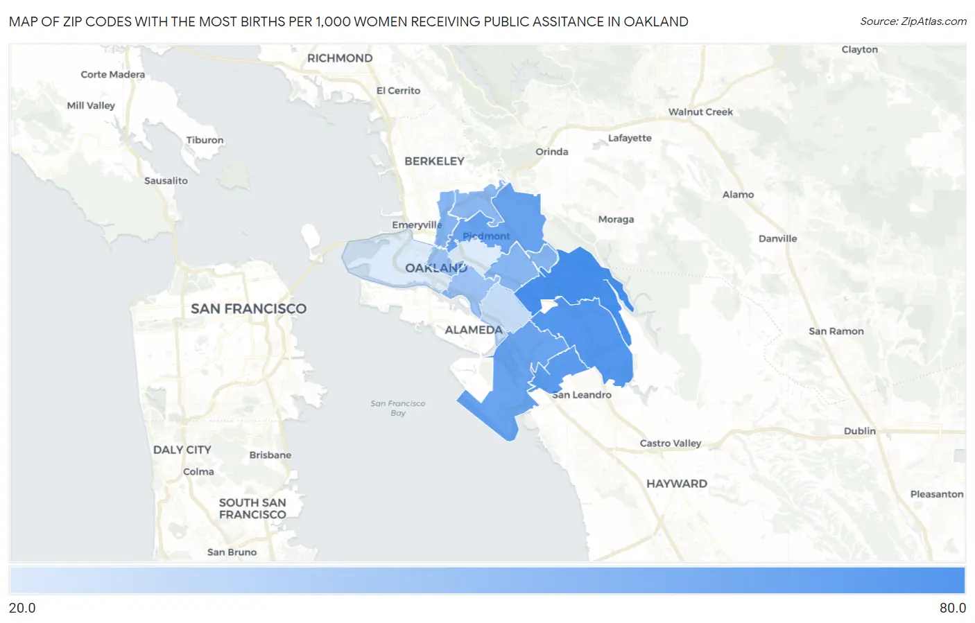 Zip Codes with the Most Births per 1,000 Women Receiving Public Assitance in Oakland Map