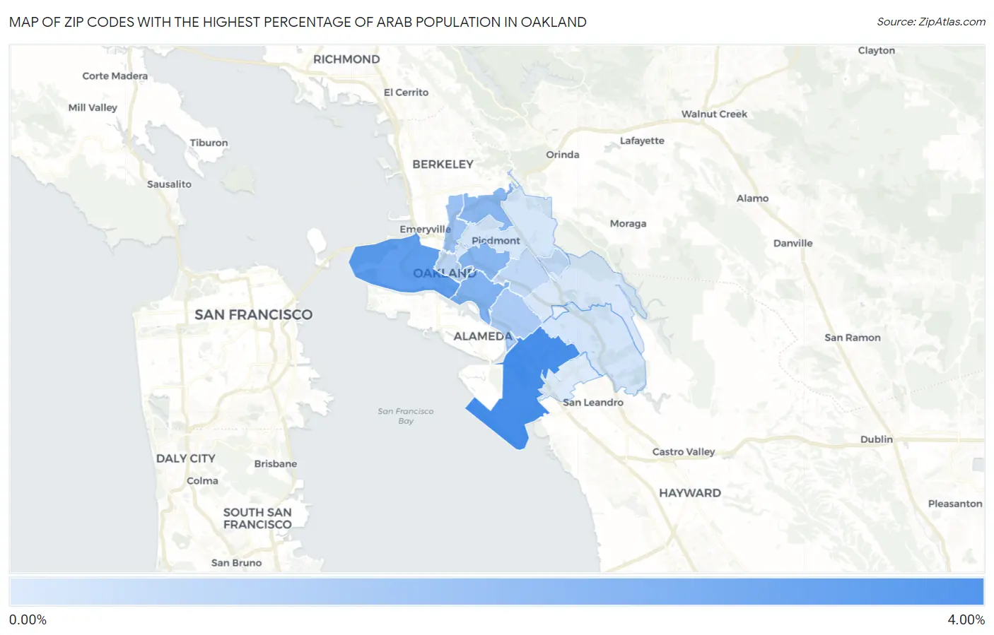 Zip Codes with the Highest Percentage of Arab Population in Oakland Map