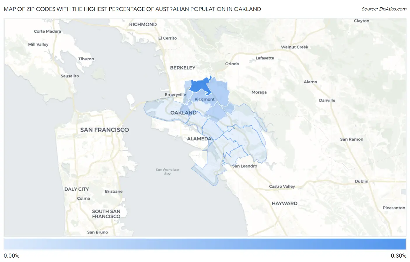 Zip Codes with the Highest Percentage of Australian Population in Oakland Map